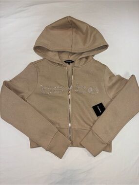 bebe Woman’s Beige Rhinestone Logo Zip Hoodie